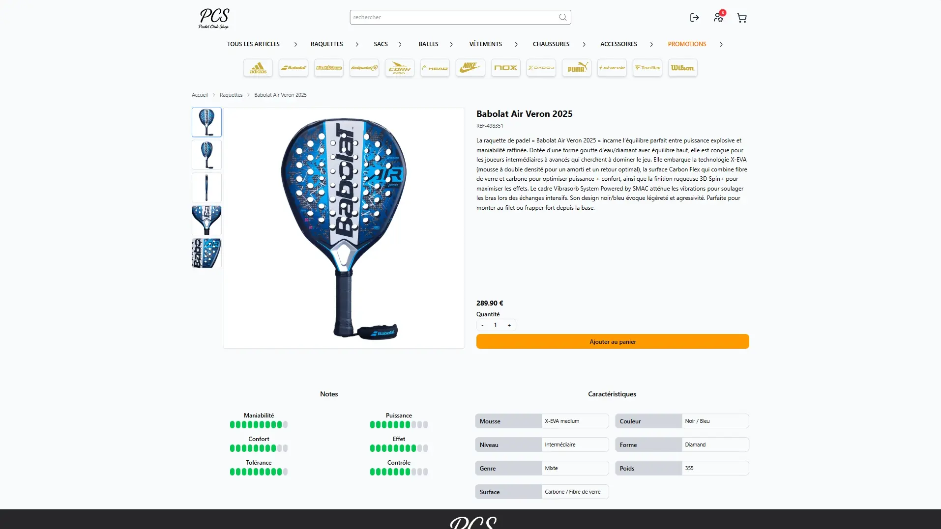 Padel Club Shop — vue de l’interface 2